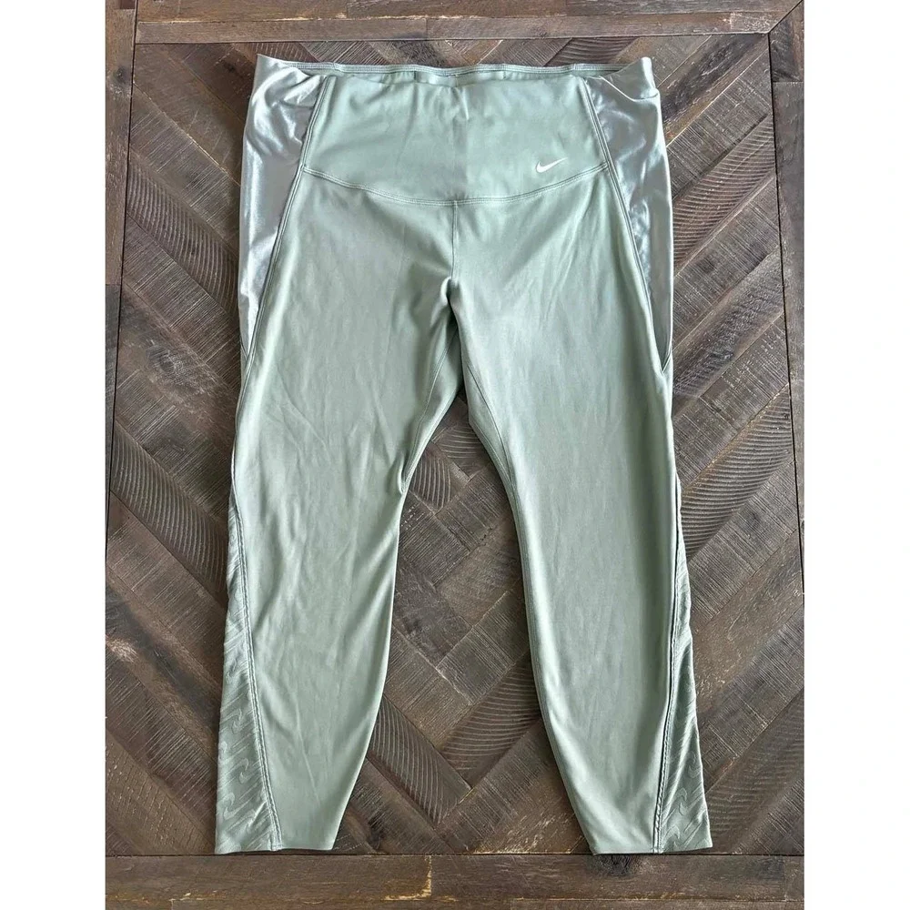Nike Dri-FIT Sage Green Metallic Panel High Rise Crop Leggings Womens 2X